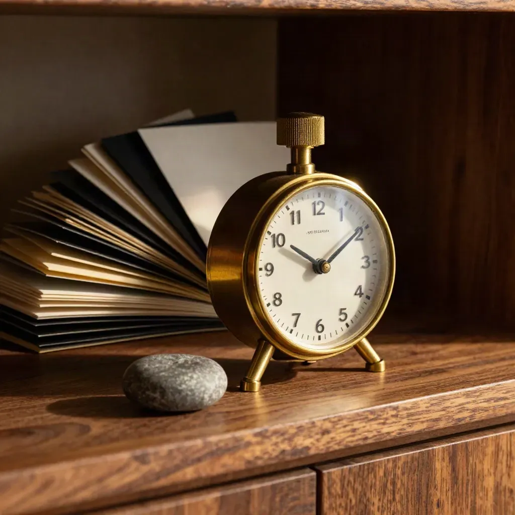 Brass timer, black task tabs, and stone paperweight on a walnut shelf.