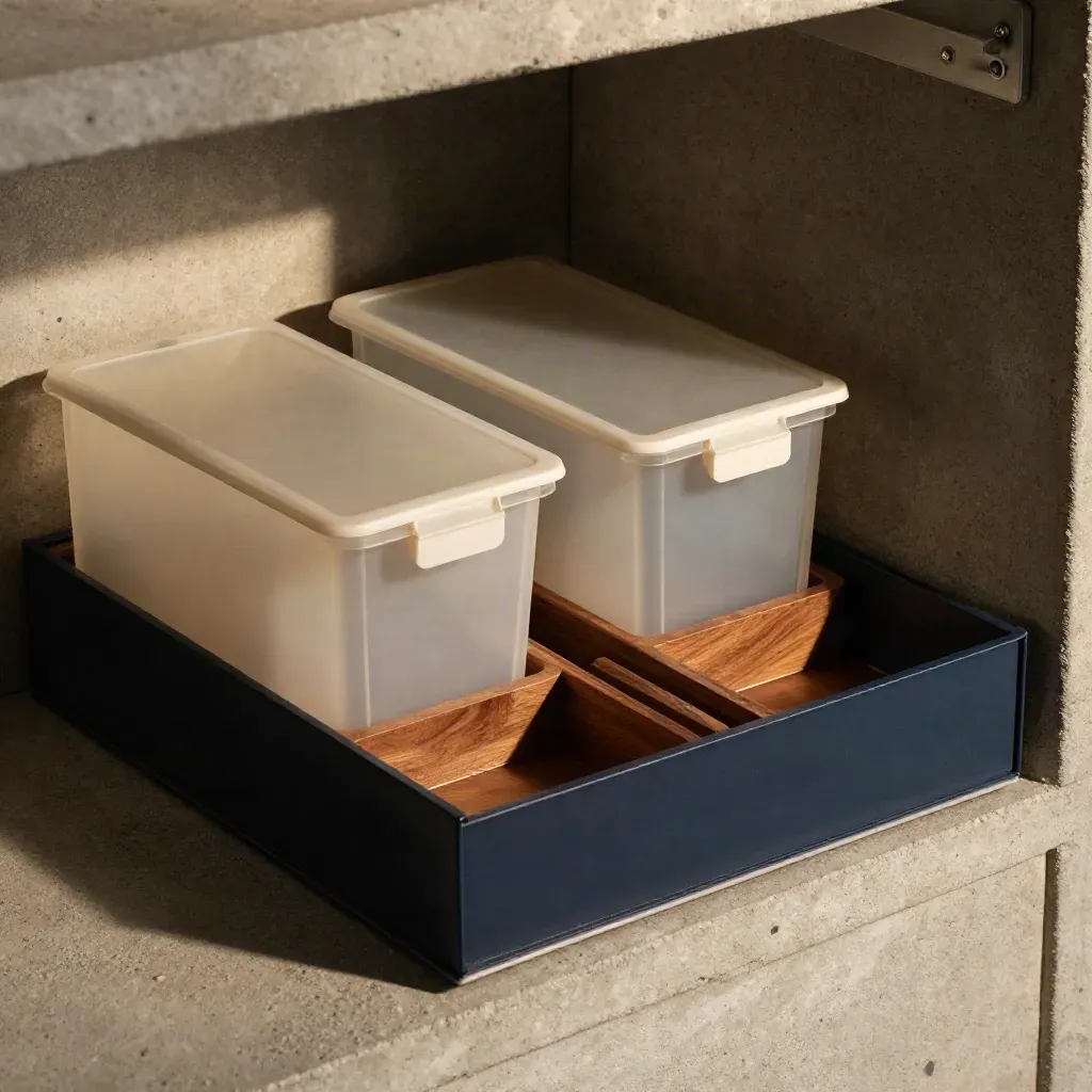 Modular file inserts and clear storage boxes arranged in a concrete nook with a navy divider kit.