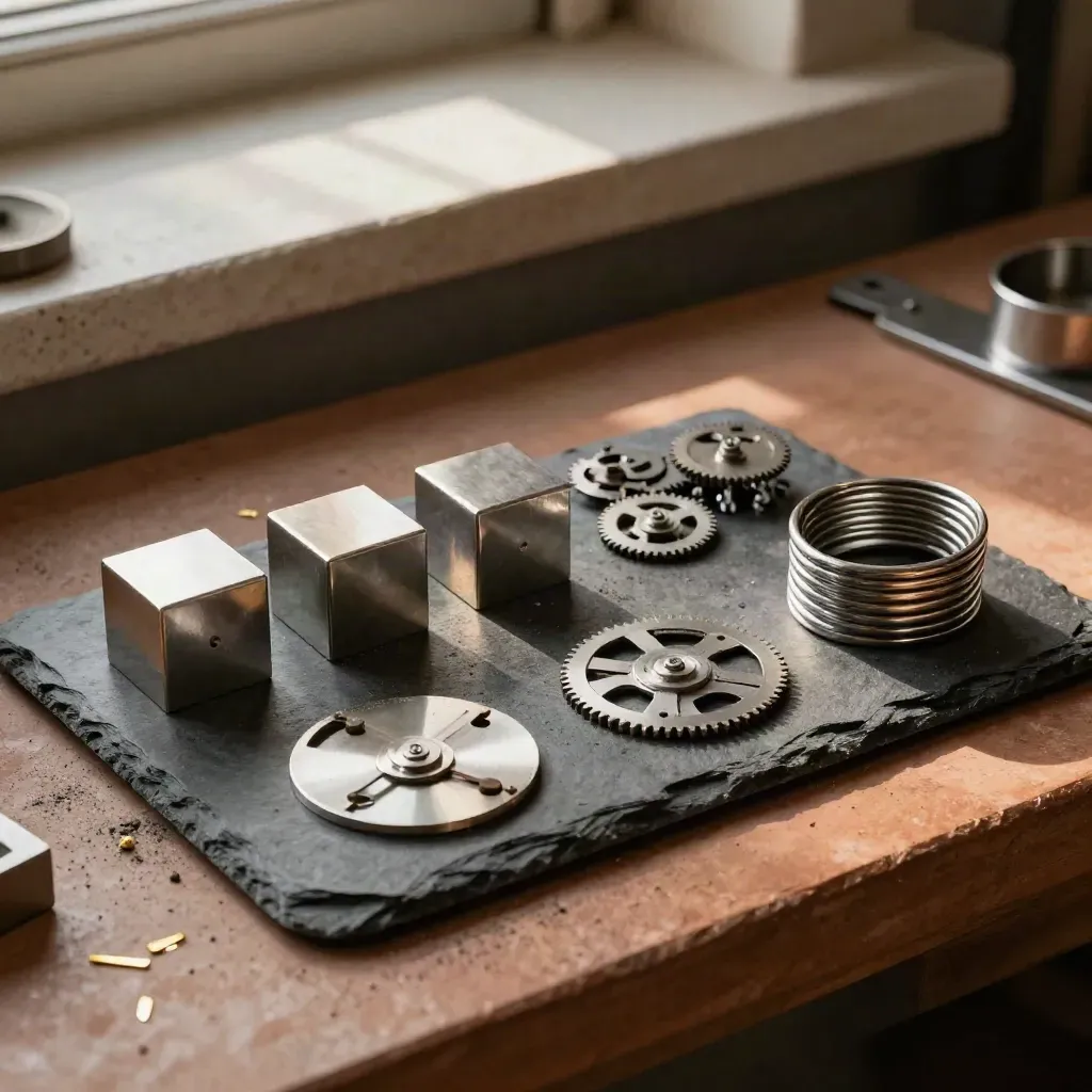Slate tray of clock parts and clip rings on terracotta clay, lit by soft daylight from upper left.