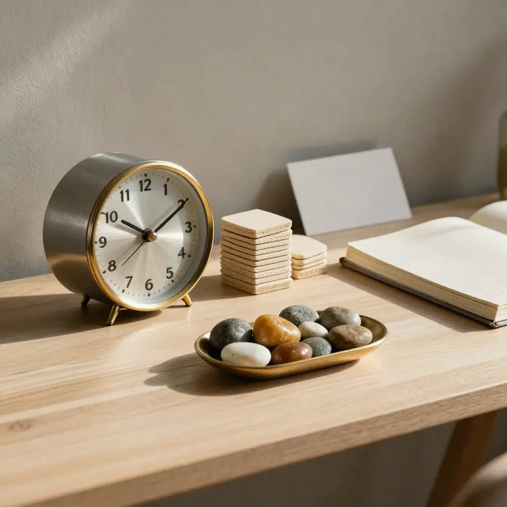 Analog clock, clipped category stacks, progress pebbles, and notebook on pale ash wood.