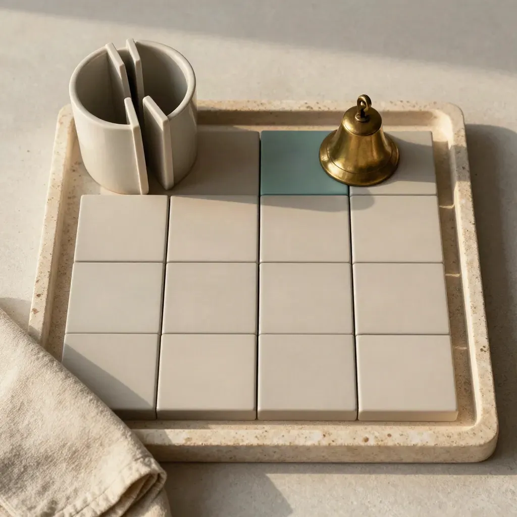 Overhead still life of blank magnetic planning blocks, tab dividers, and a brass bell on stone.