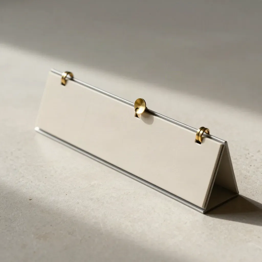 Calendar rail with focus bars and a brass pin on a plaster sweep.