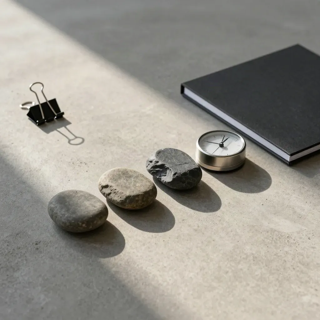 Overhead flatlay of progress stones, binder clips, timer and folder on slate concrete.