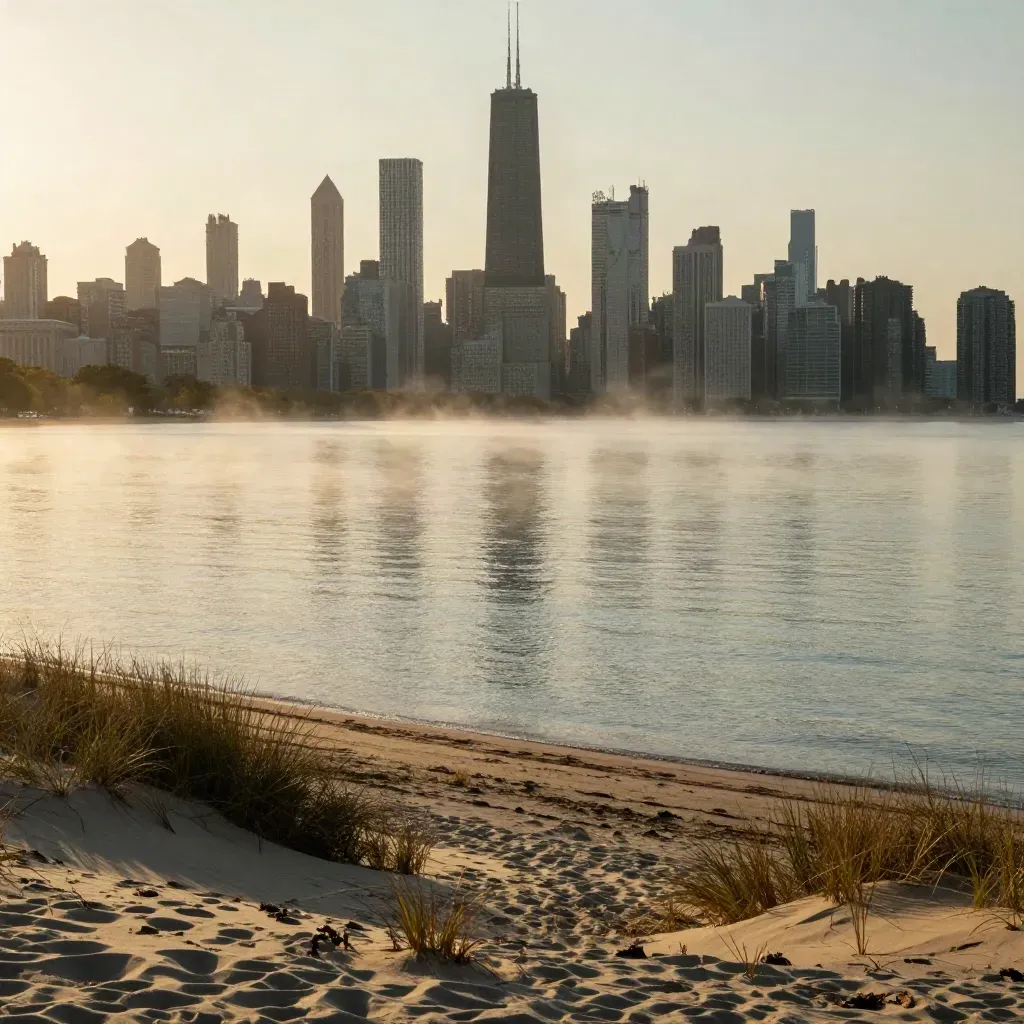 Chicago skyline over misty lakefront dunes at golden hour