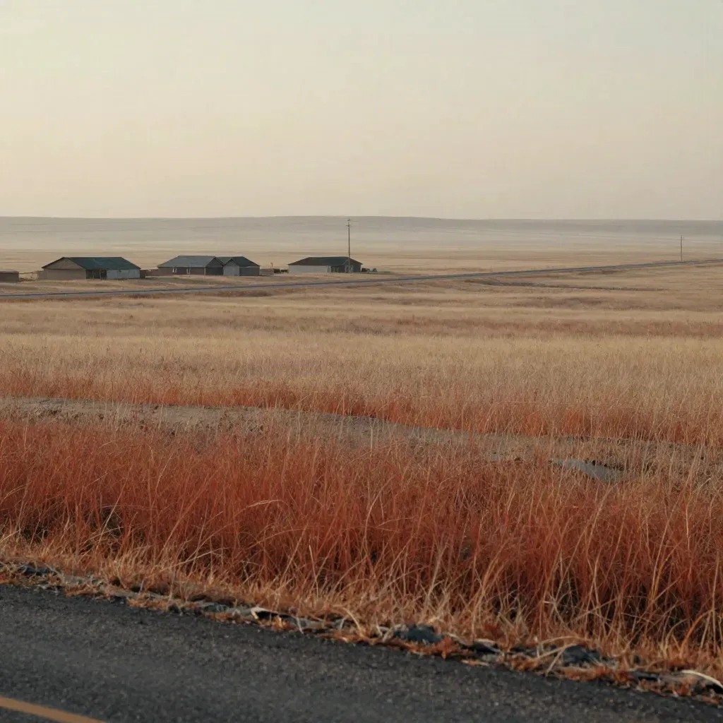 Blue-hour prairie edge with rooftops, roads and power lines in soft haze