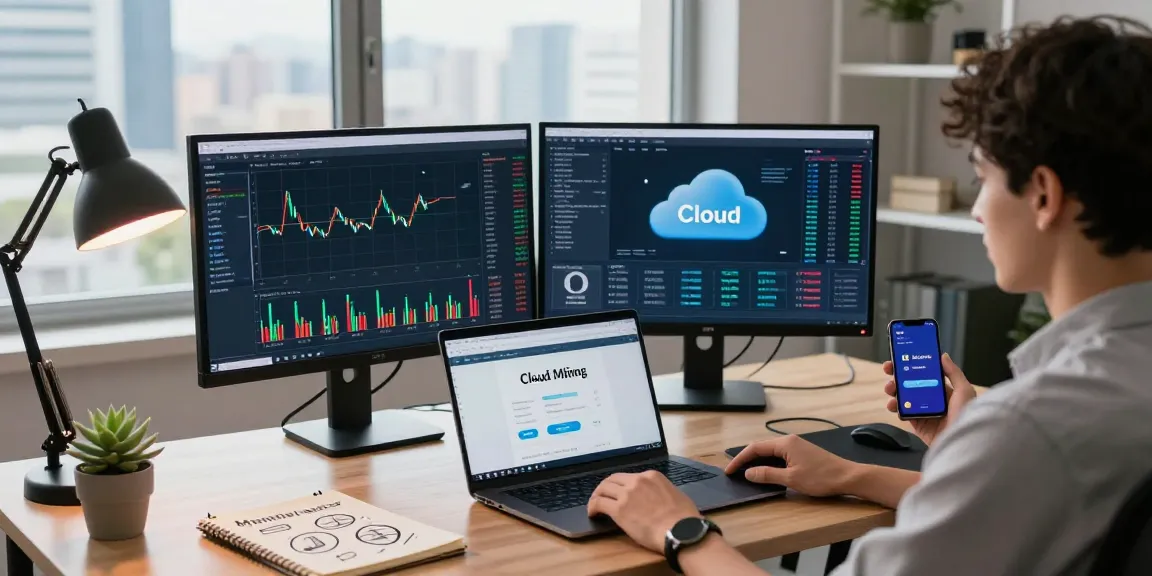 Cloud mining company setup featuring cryptocurrency dashboards and mining data.