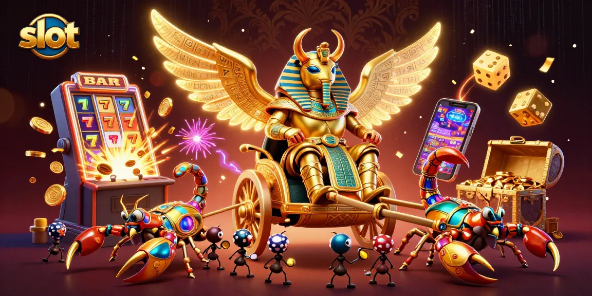 Spin and win on the slot machines with a colossal golden beetle leading the action in a vibrant casino scene.