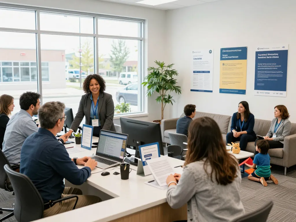 Members engaging with staff at South Portland federal credit union, showcasing personalized service in a welcoming environment.