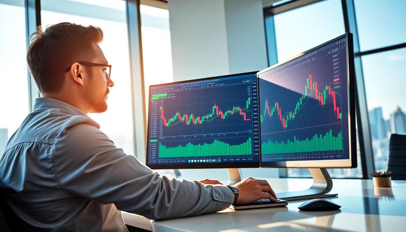 Engaged trader using charles schwab trading platform in a modern office environment.