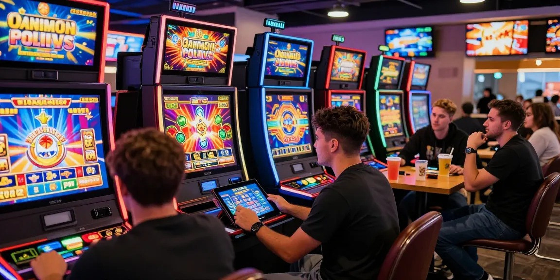 Exciting scene of players enjoying online slot games in a vibrant café environment.
