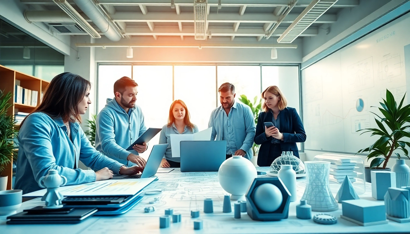 Collaborative design and engineering team working creatively in a modern office environment.