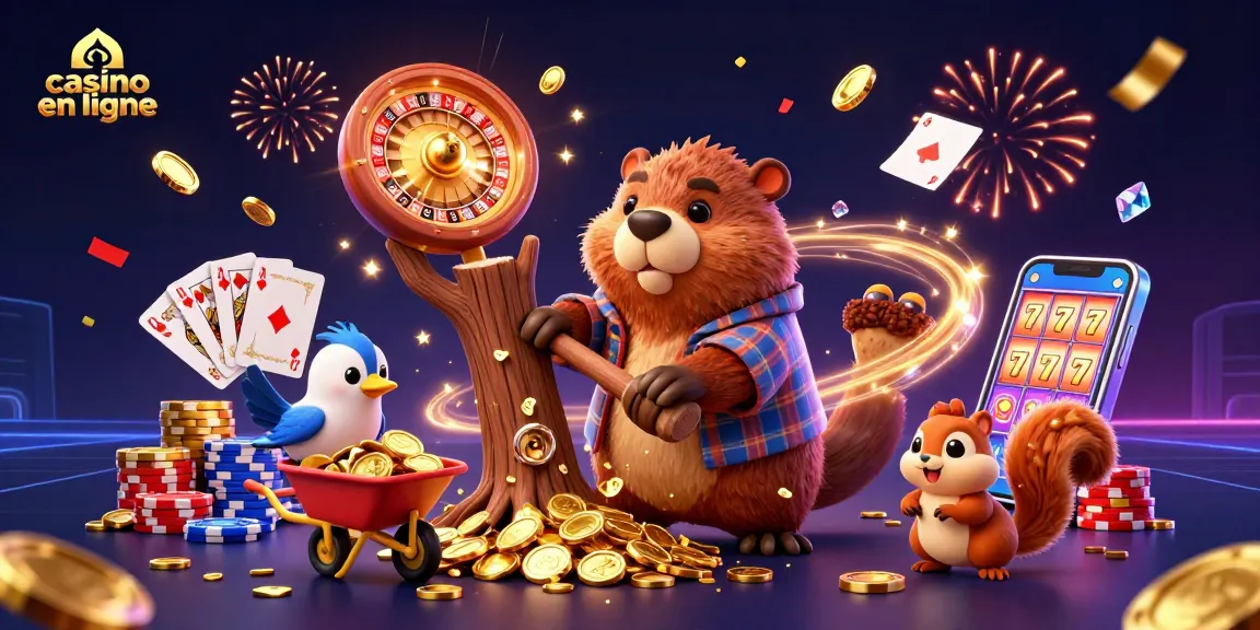Gagnez avec le casino en ligne dans cette scène animée de 3D illustrant un castor et des personnages collectant des pièces d'or.