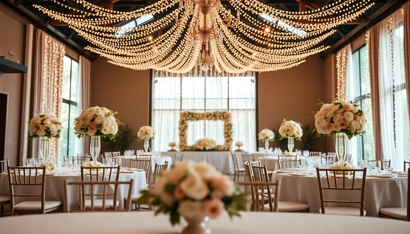Veranstaltung im almas event center mit eleganter Tischdekoration und bezauberndem Licht.