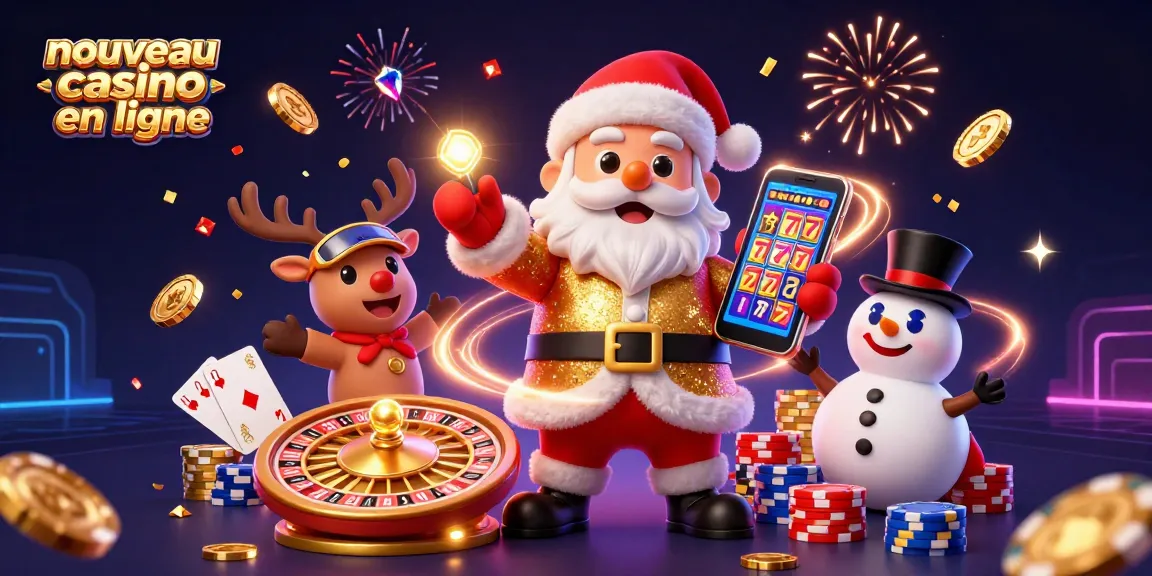 Découvrez le nouveau casino en ligne avec un Santa festif et son équipe de personnages, jouant aux machines à sous.