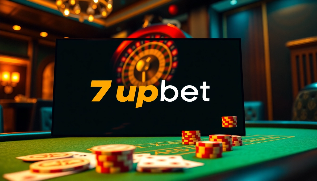 Exciting online gambling scene with 7upbet logo on a stylish poker table and roulette wheel.