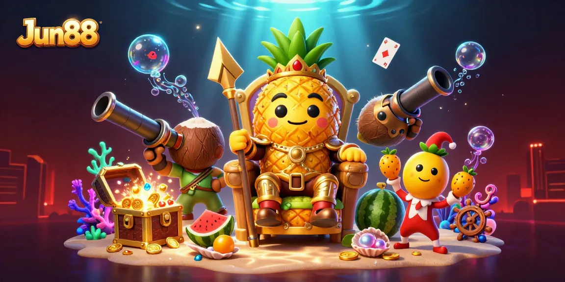 Join the excitement at Jun88 with a vibrant gaming scene featuring a pineapple king and engaging casino elements.
