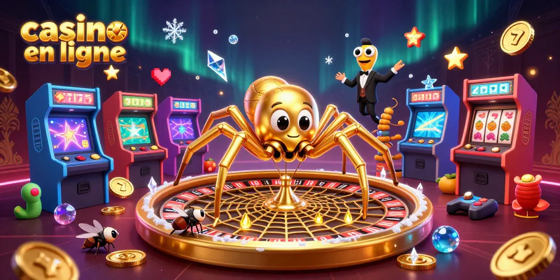 La scène dynamique montre le casino en ligne avec une araignée dorée et des machines à sous colorées.