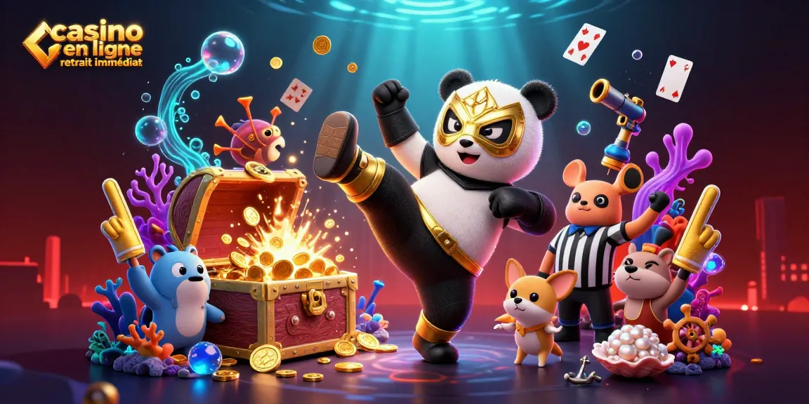 Illustration colorée représentant un casino en ligne retrait immédiat, avec un panda professionnel en action entouré d'animaux enthousiastes.