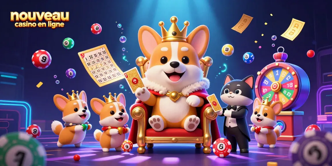 Jouez avec le nouveau casino en ligne entouré d'une illustration festive de corgis et de loteries colorées.