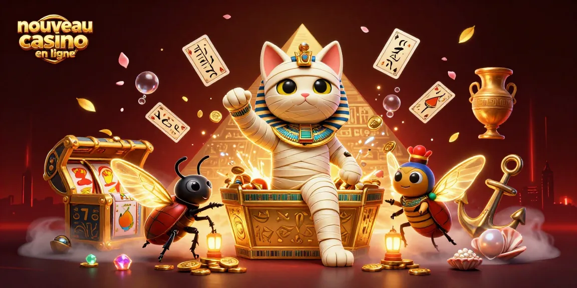 Vivez l'expérience du nouveau casino en ligne avec un chat momie égyptien et des éléments d'animation captivants.