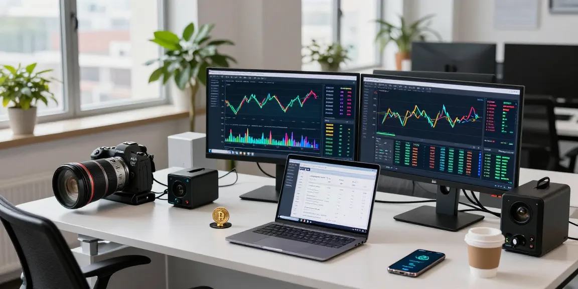Regulated crypto mining platform environment showcasing dual monitors with cryptocurrency mining data and secure wallet technology.