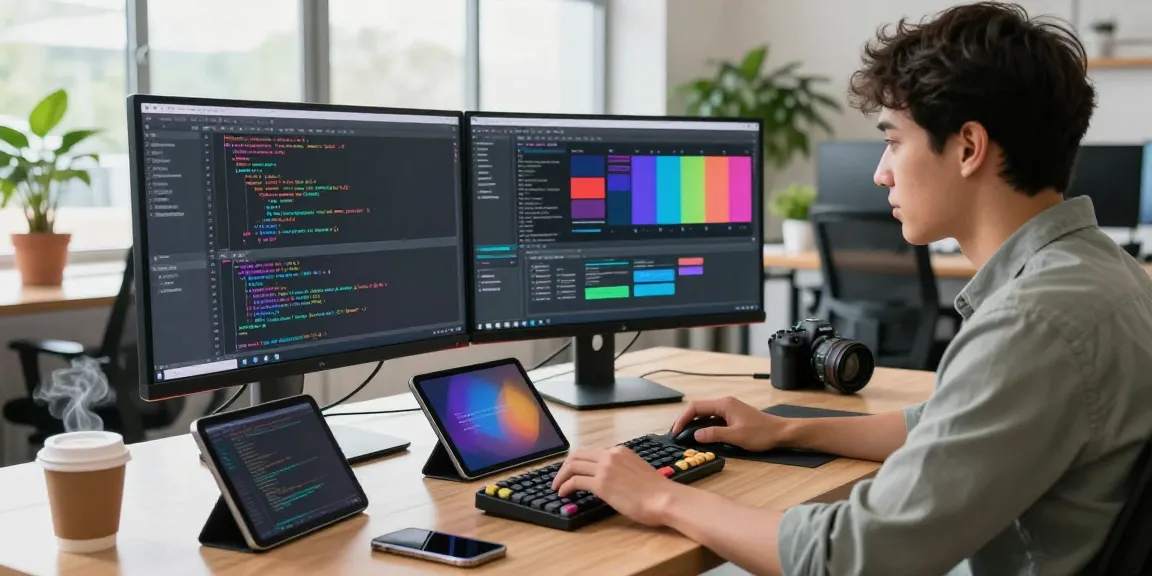 Developer coding on dual monitors in a modern workspace, showcasing 纸飞机下载 app interface.