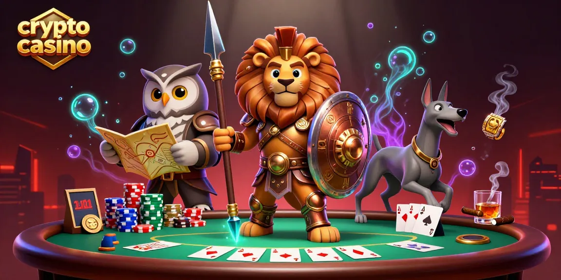 Illustration d'un crypto casino avec un lion spartiate, un hibou stratège et un lévrier, entourés d'éléments de jeu