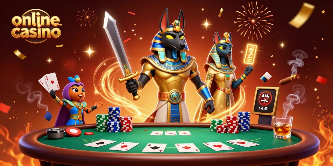 Experience the thrill of an online casino with Anubis and Bastet in a vibrant 3D illustration.