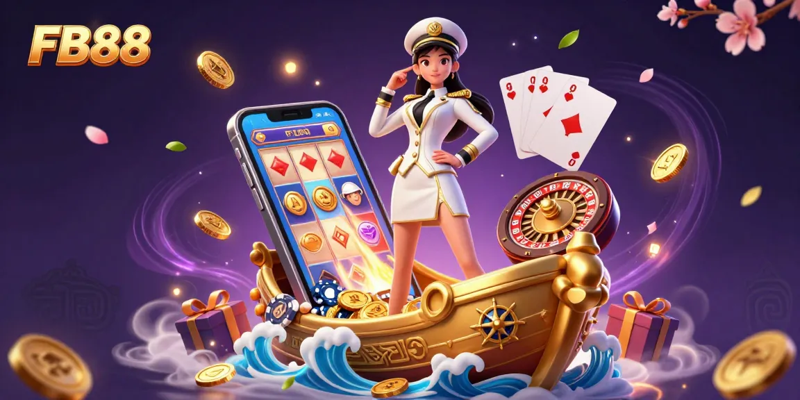 Experience the excitement of FB88 with vibrant slot games and dynamic casino elements in this 3D illustration.