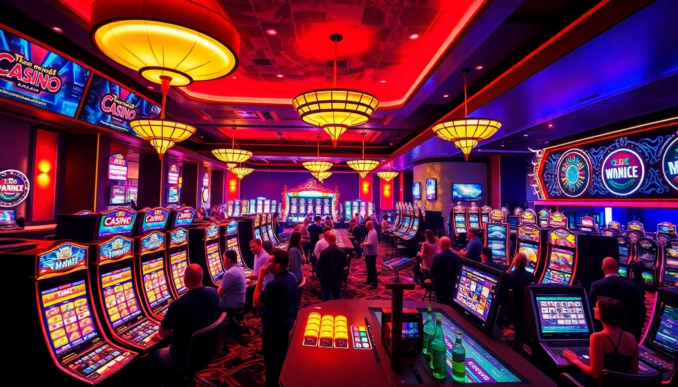 Cheering players enjoying online casino games in a lively casino setting with bright lights.