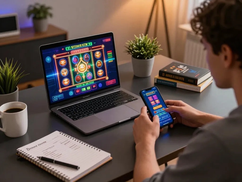 Engaging session on casino americani online with players strategizing on their laptops and smartphones.