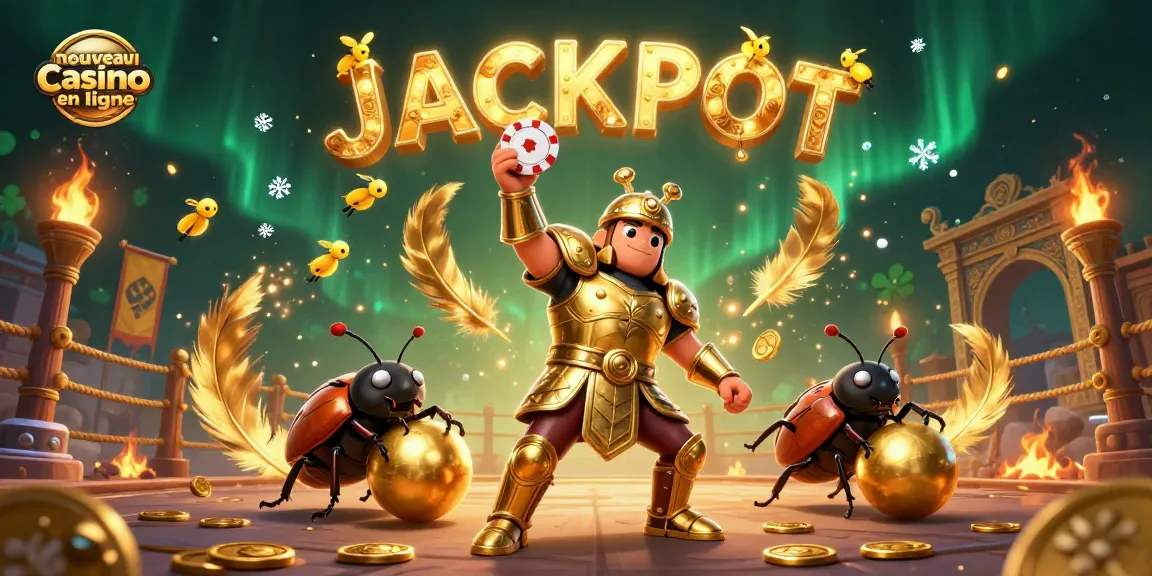 Image captivante d'un nouveau casino en ligne avec un scarabée en armure dorée brandissant un jeton de poker.