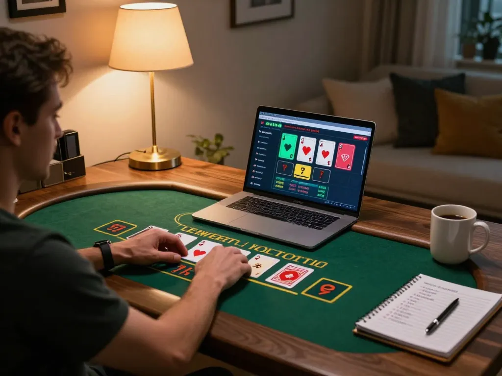 Playing blackjack online via TG88 with strategic betting notes and cozy home lighting