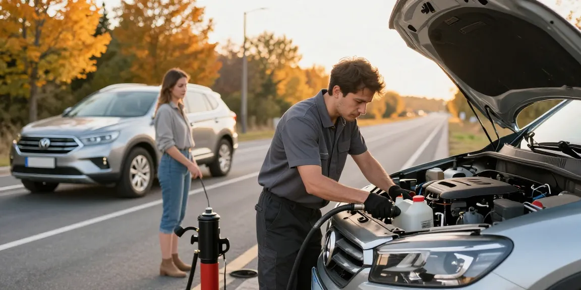 Technician draining Adblue in a diesel car at roadside service