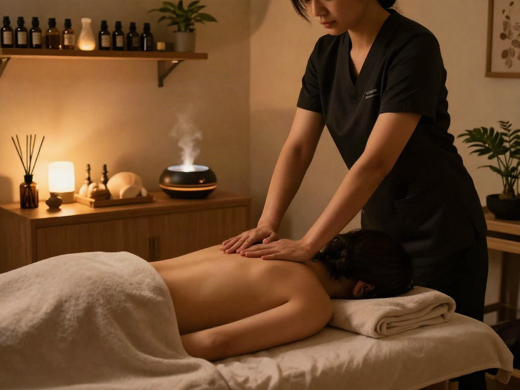 수유동출장마사지 in a cozy wellness studio with a therapist attending a client.