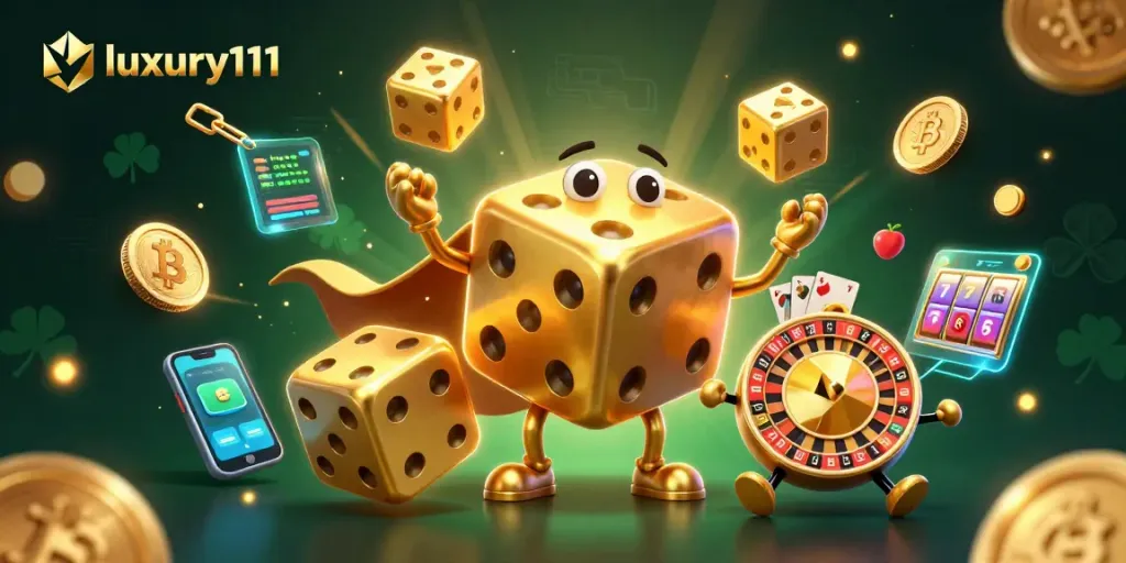 Menampilkan luxury111 dengan karakter golem dadu emas dan elemen judi slot dalam ilustrasi menarik.
