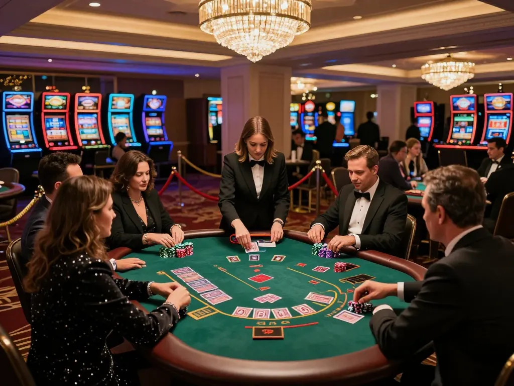 Dunrightbuildingservices showcases players engaged strategically at a blackjack table in a luxurious casino.