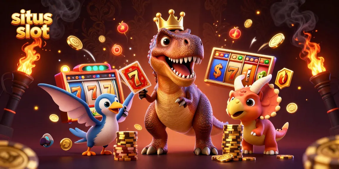 Ilustrasi 3D kartun detail tinggi menampilkan situs slot dengan karakter dinosaur yang lucu.