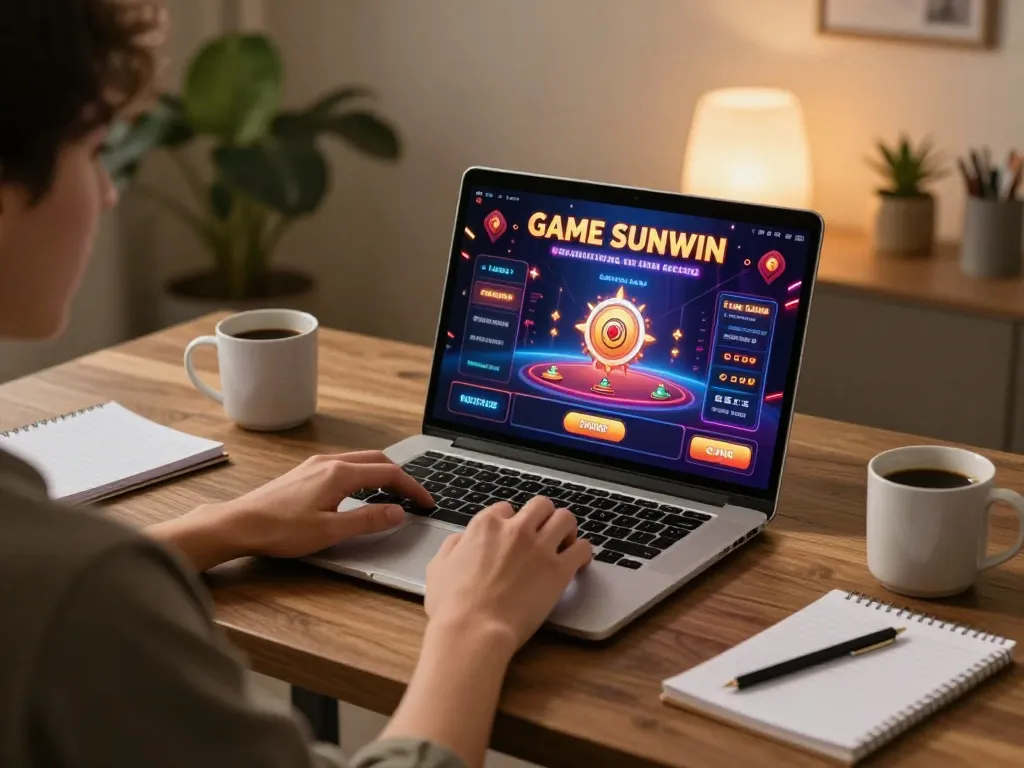 Engaging with GAME SUNWIN on a sleek laptop in a cozy home office, emphasizing strategic online gambling.