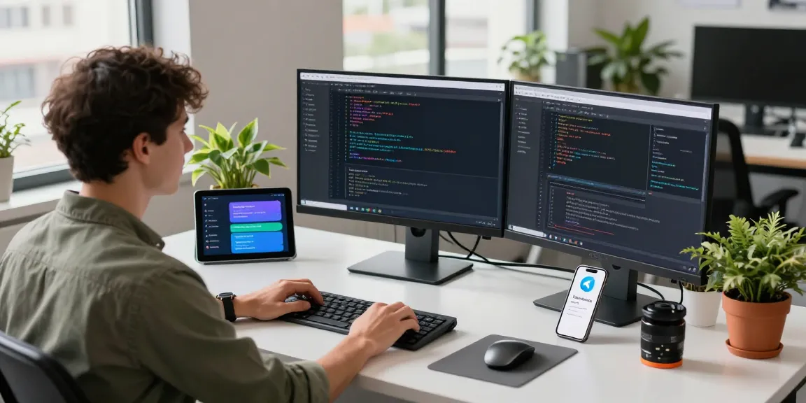 Dynamic tech workspace with Telegram app displayed, representing 纸飞机中文版.