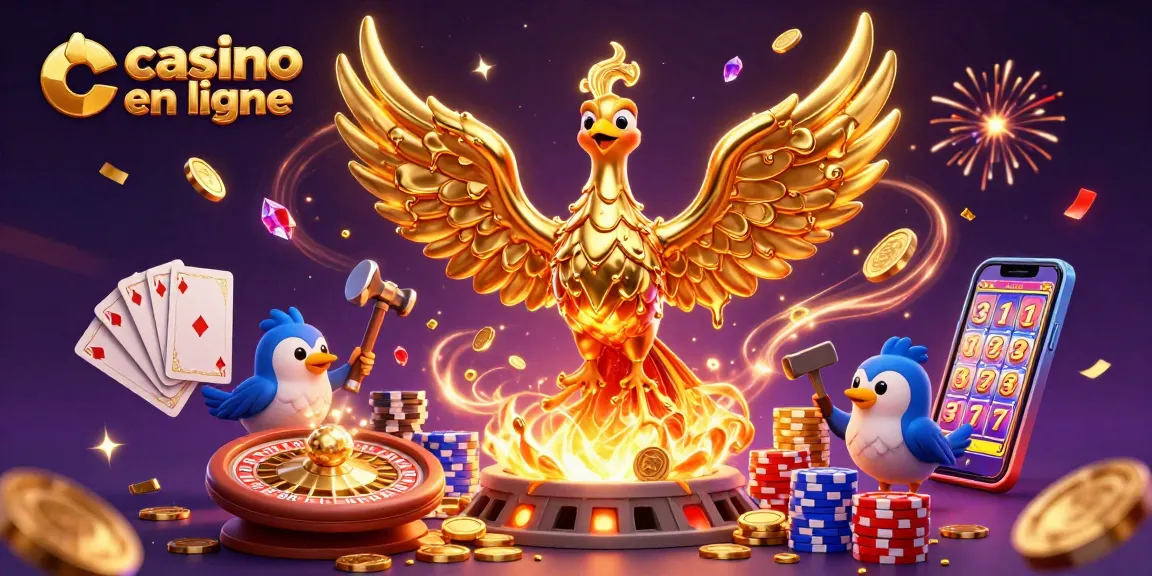 Profitez de l'expérience de casino en ligne avec un phénix doré, des jetons et des roulettes brillants.