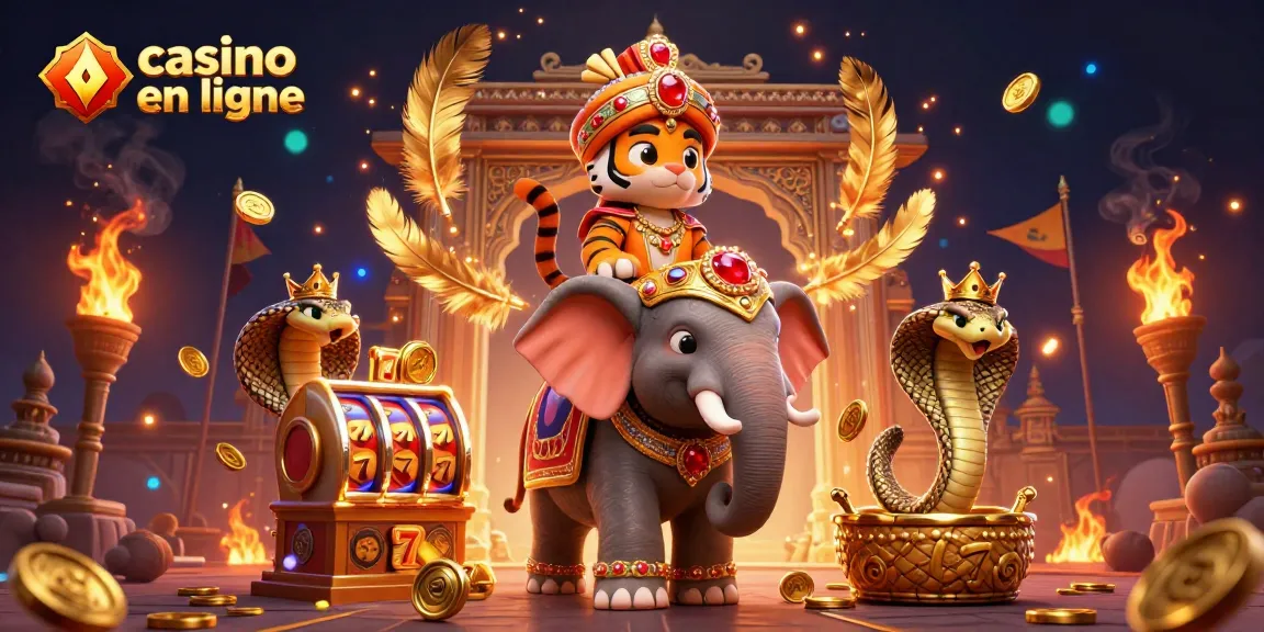 Jouez au casino en ligne avec une illustration captivante d'éléphants joailliers et de machines à sous scintillantes.