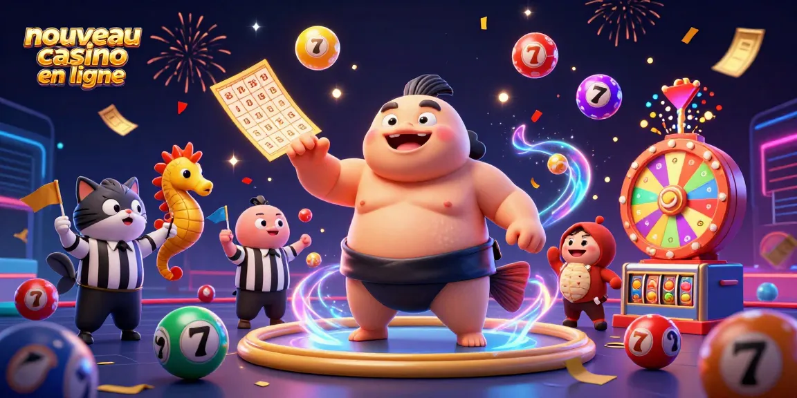 Nouveau casino en ligne avec un fugu sumo et un chat poisson dans une scène festive, entouré de jeux dynamiques.