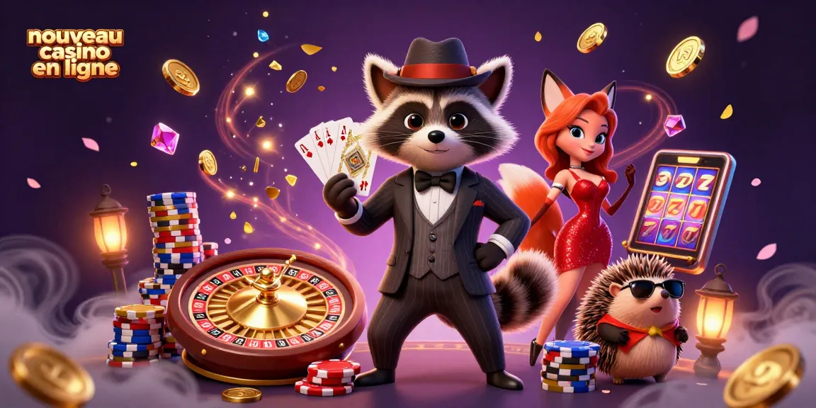 Illustration représentant un raton laveur élégant avec un jeu royal dans un casino, mettant en avant le nouveau casino en ligne.