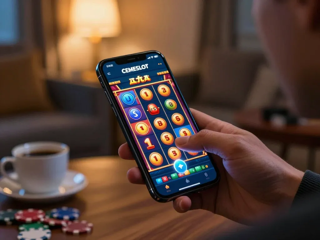 CEMESLOT app showcases vibrant slot game on smartphone, capturing dynamic online gaming experience.