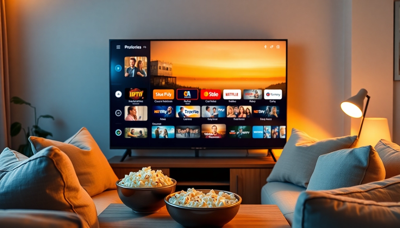 Engaging IPTV service display on a smart TV in a welcoming living room environment.
