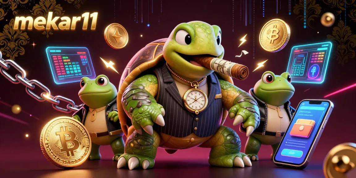 Mekar11 showcases an intricate 3D illustration of a snapping turtle and bullfrogs surrounded by vibrant crypto elements in a casino setting.