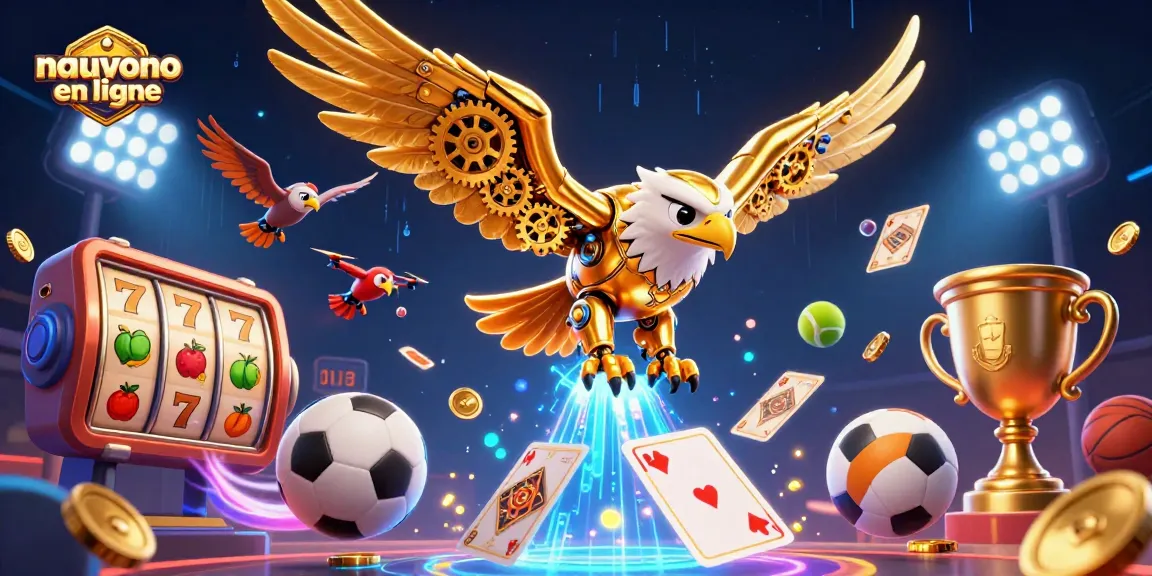 Découvrez le nouveau casino en ligne avec un aigle doré cybernétique plongeant à travers des cartes holographiques.
