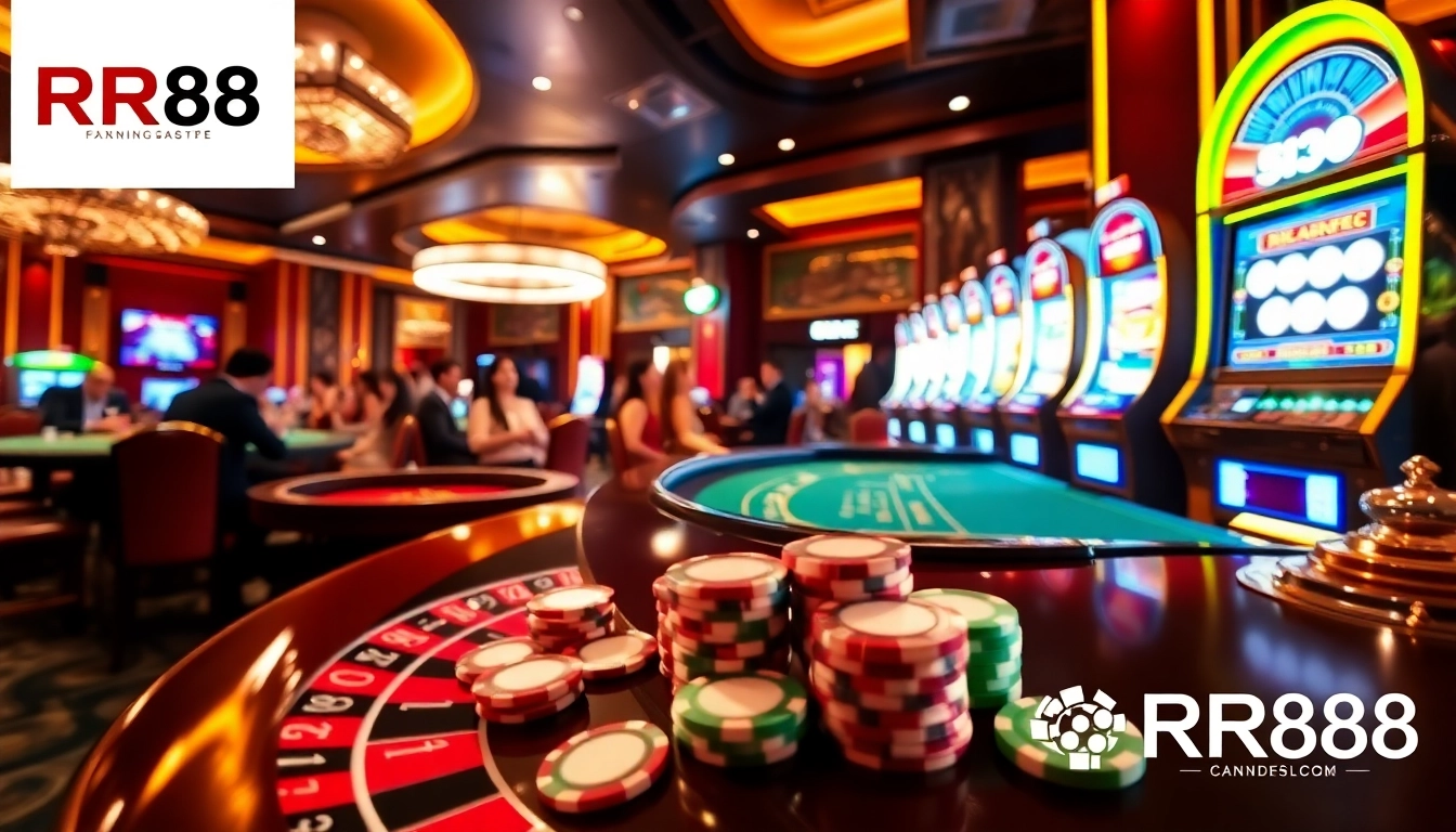 RR88 logo featured in a luxurious casino with vibrant gaming activities.