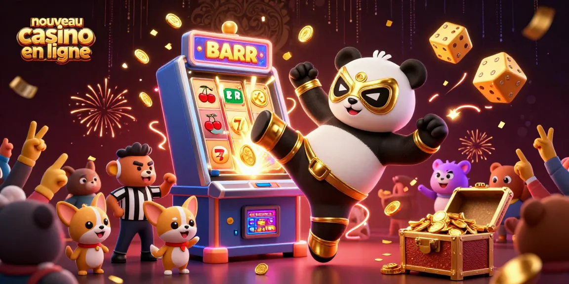 Illustration dynamique d'un nouveau casino en ligne avec un panda lutteur et des animaux spectateurs.